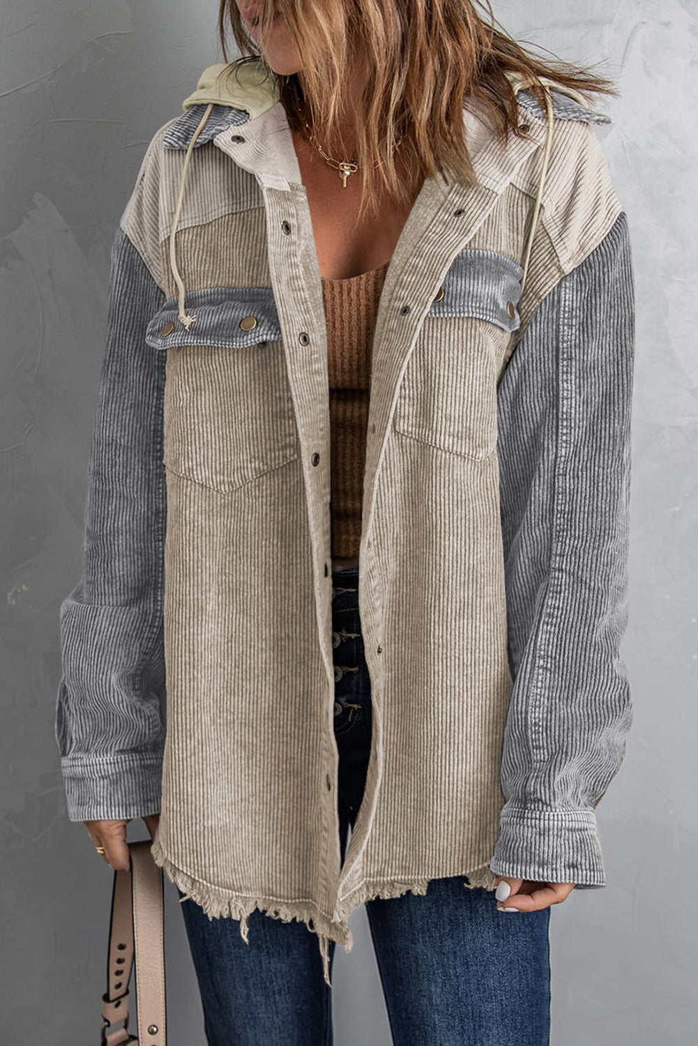 Snap Front Hooded Corduroy Shacket 10010084430