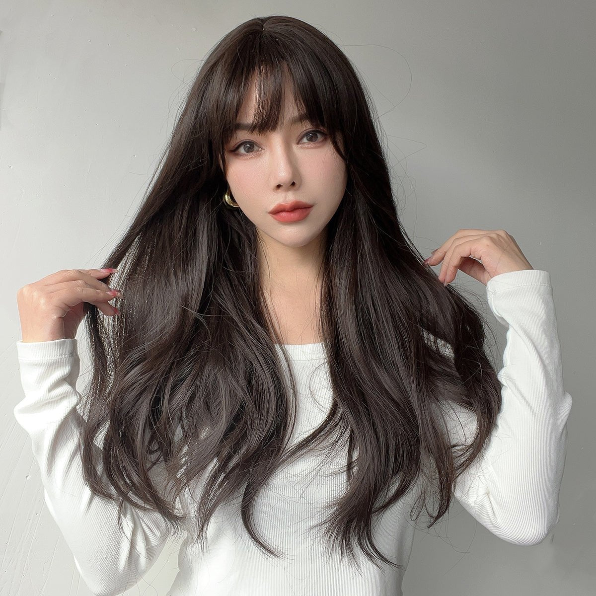 22-inch| dark brown |curly hair with hair bangs | SM7235 - TapLike