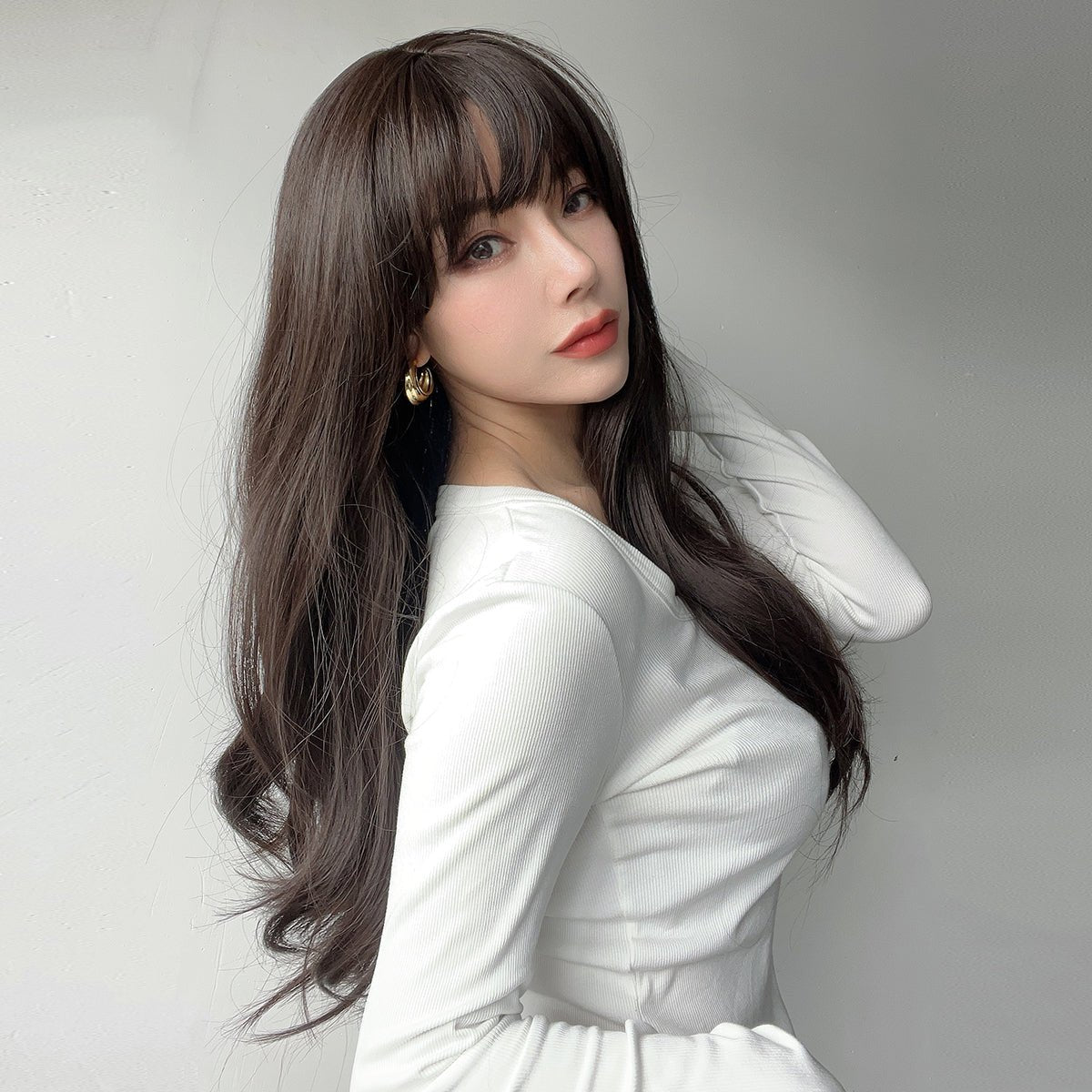 22-inch| dark brown |curly hair with hair bangs | SM7235 - TapLike