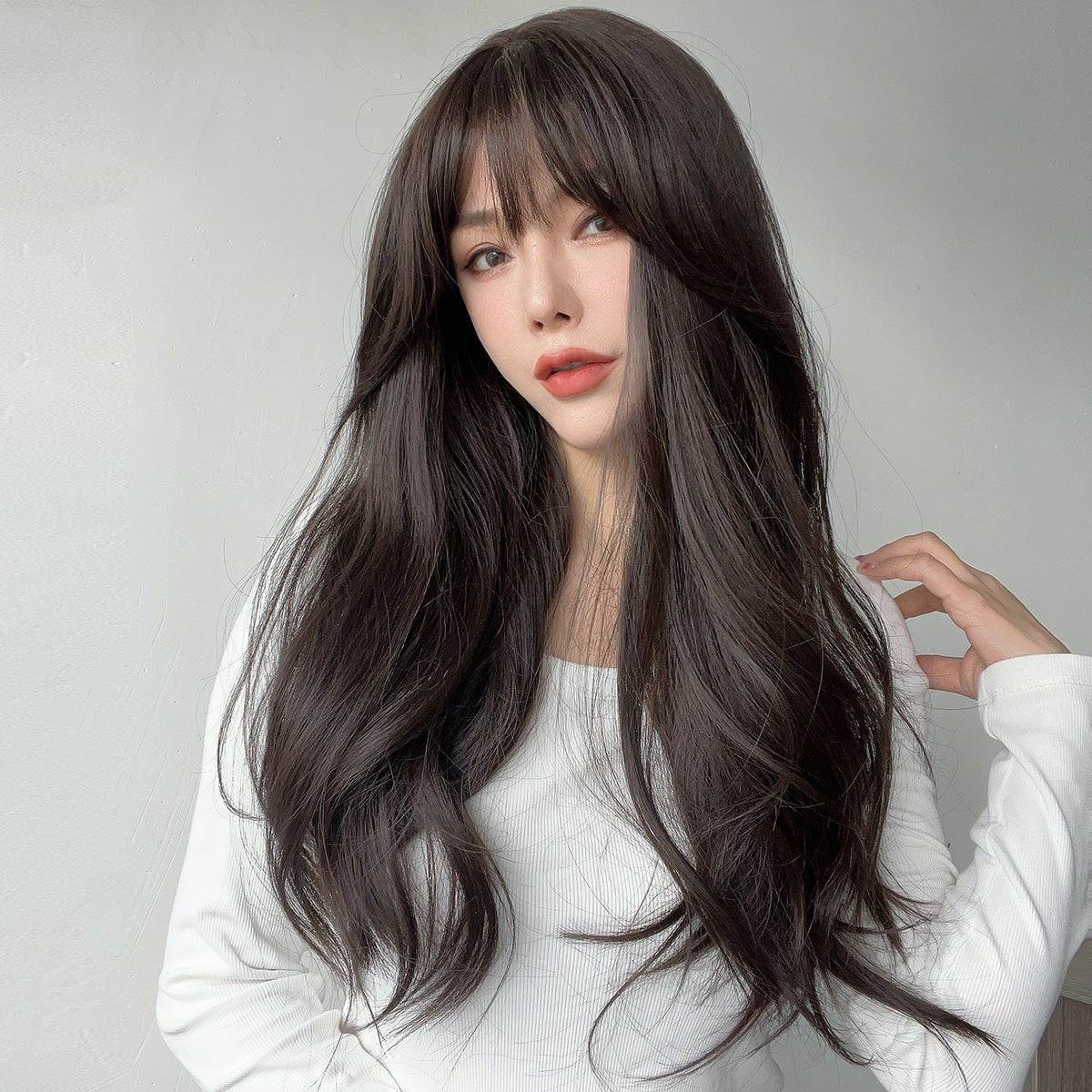 22-inch| dark brown |curly hair with hair bangs | SM7235 - TapLike