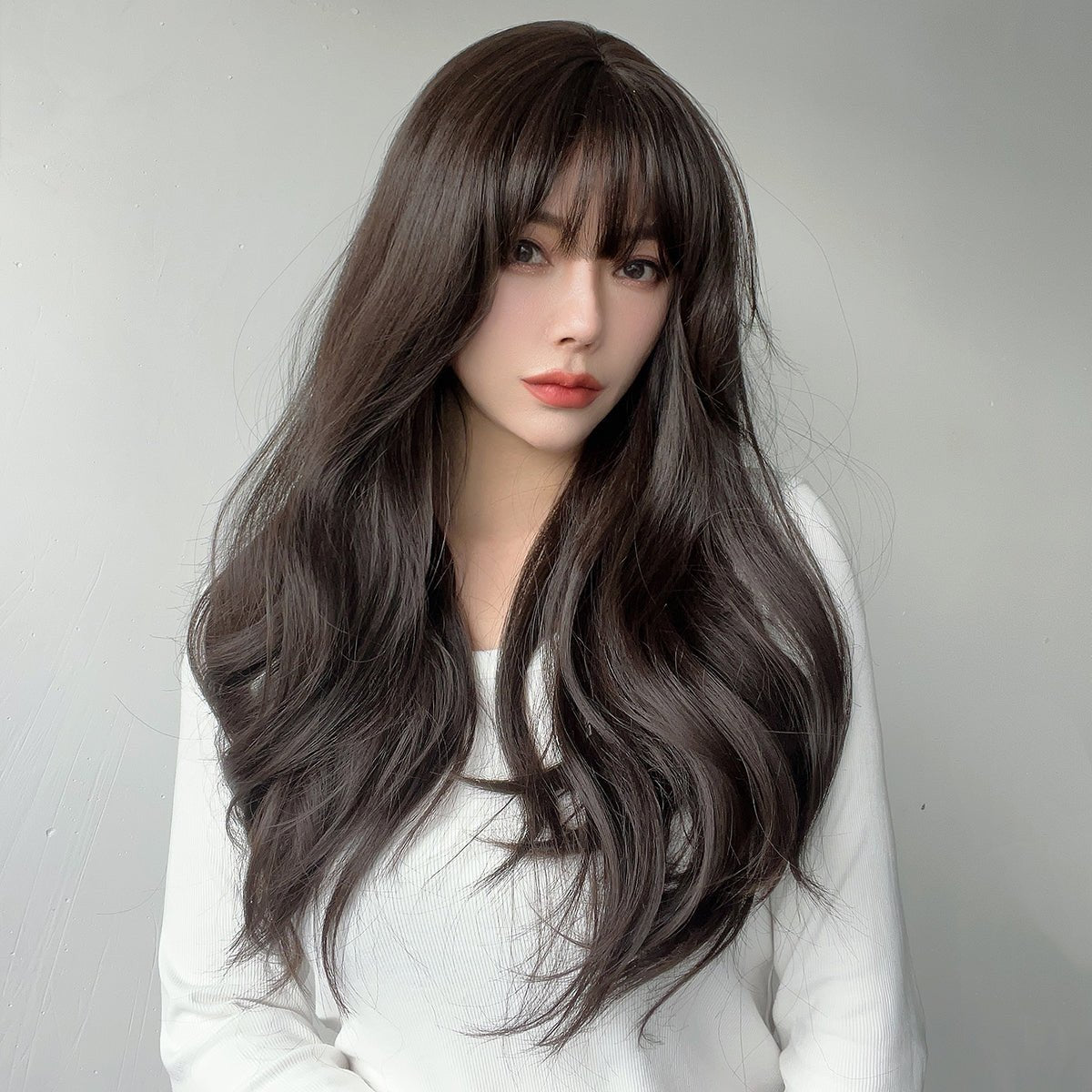 22-inch| dark brown |curly hair with hair bangs | SM7235 - TapLike