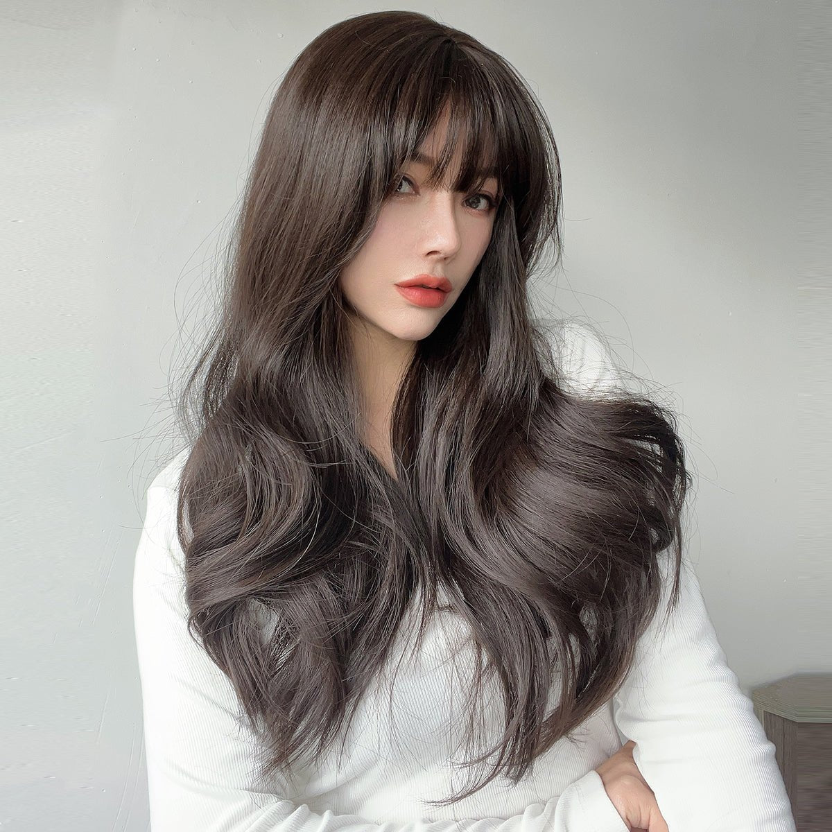 22-inch| dark brown |curly hair with hair bangs | SM7235 - TapLike