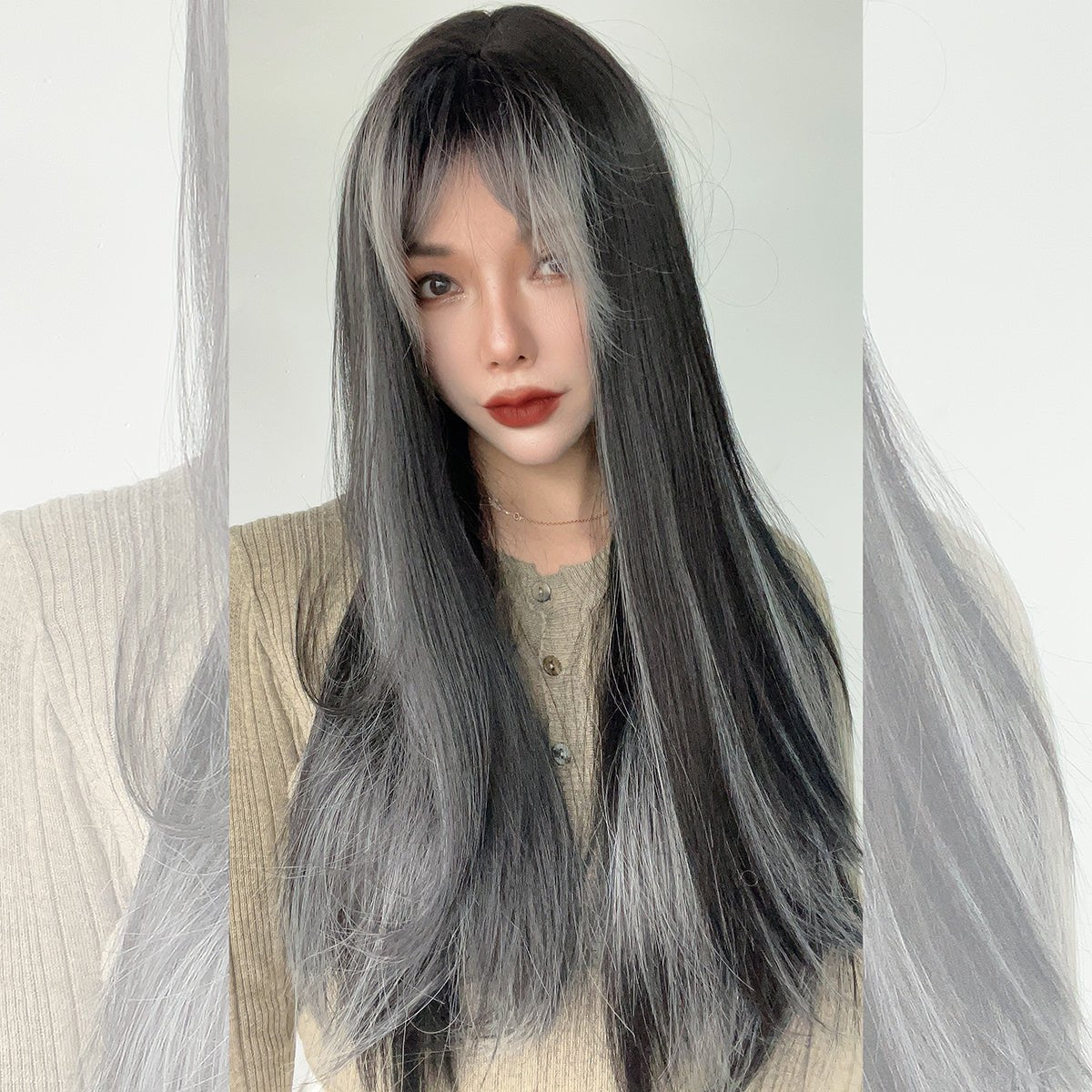 24-inch | black grey |straight hair with hair bangs| SM7279 - TapLike