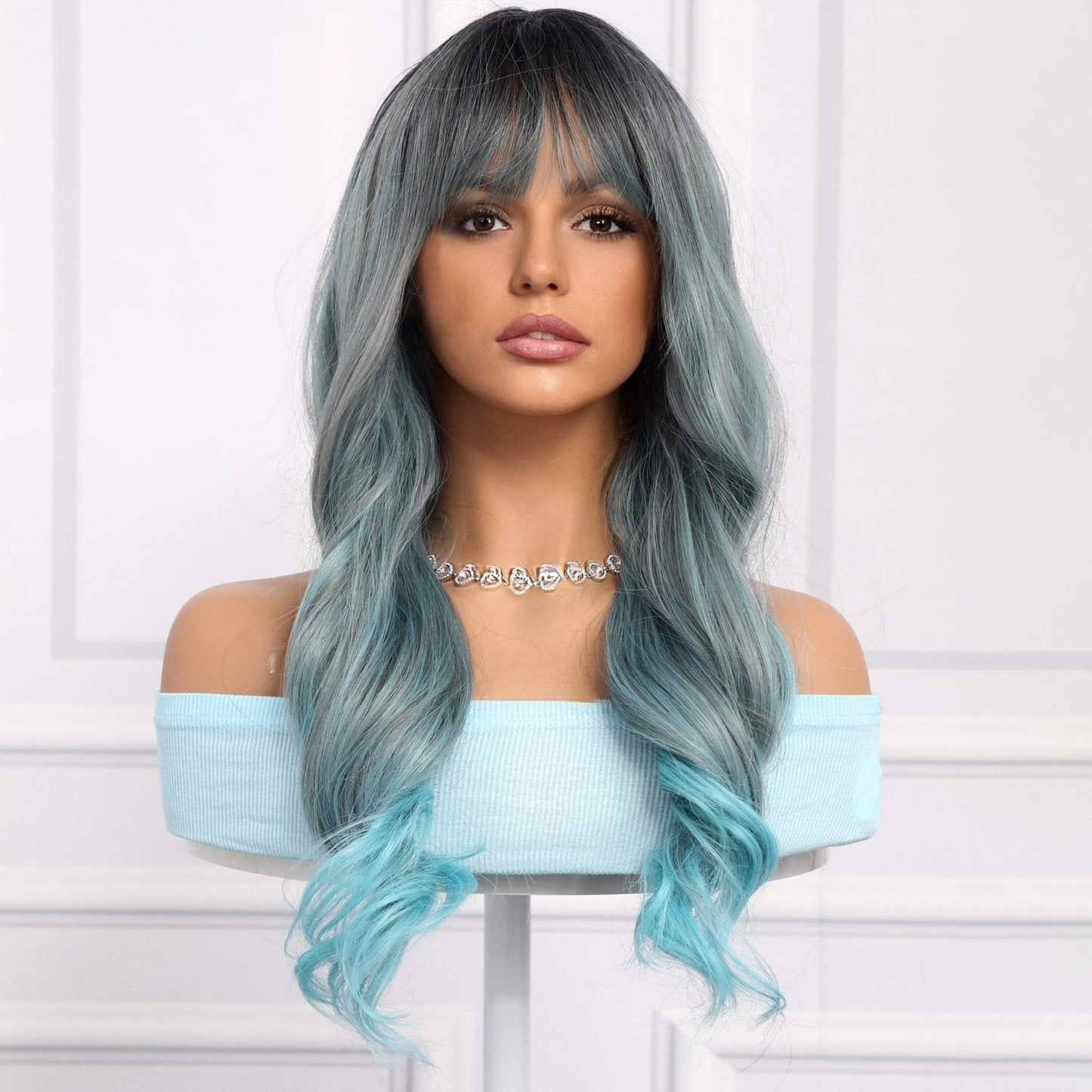 28-inch | Blue-gray gradient Loose Wave with Hair Bangs | SM6162 - TapLike