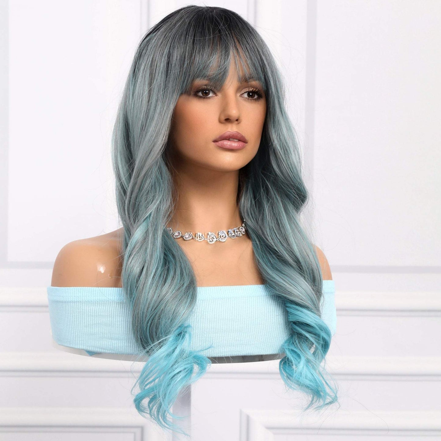 28-inch | Blue-gray gradient Loose Wave with Hair Bangs | SM6162 - TapLike