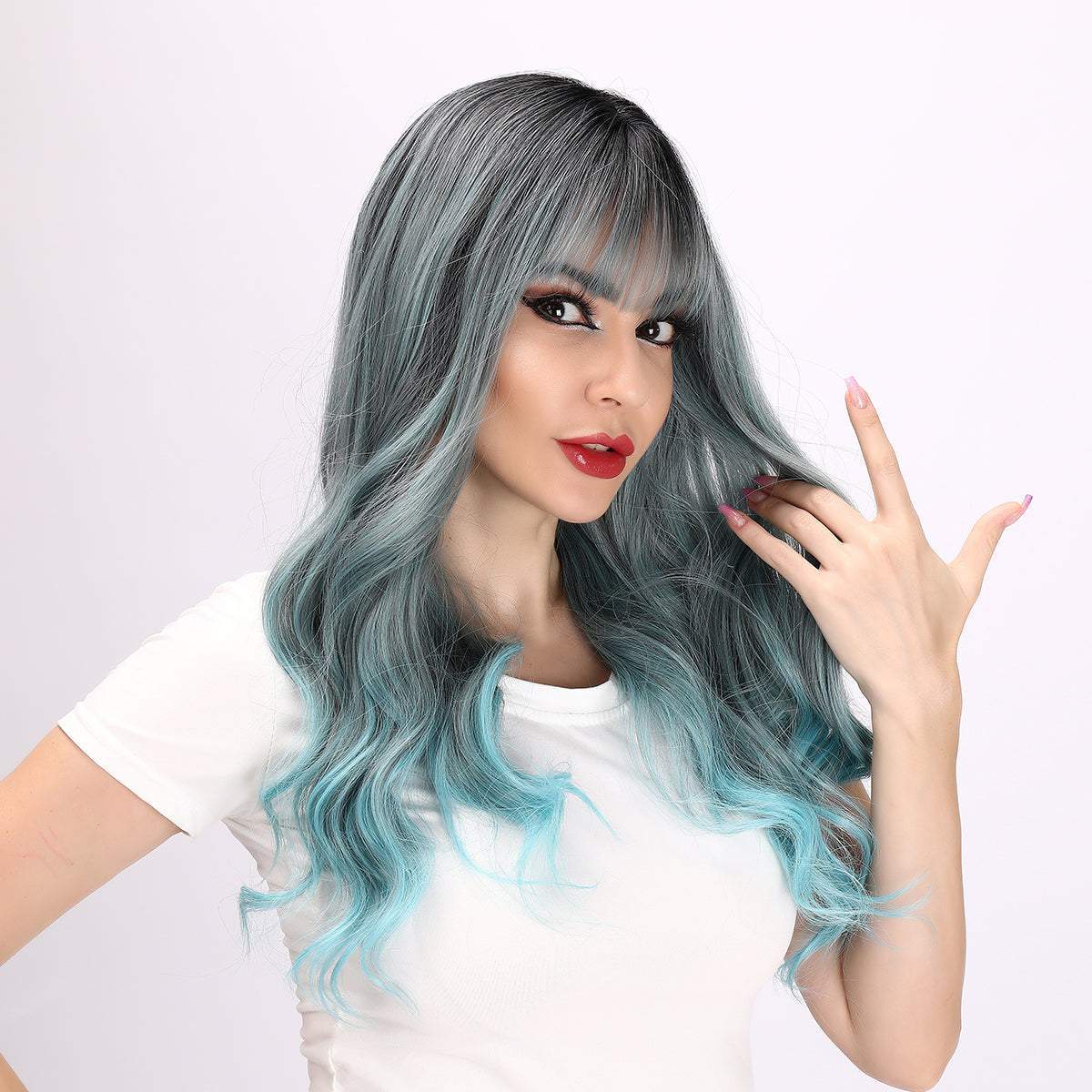 28-inch | Blue-gray gradient Loose Wave with Hair Bangs | SM6162 - TapLike