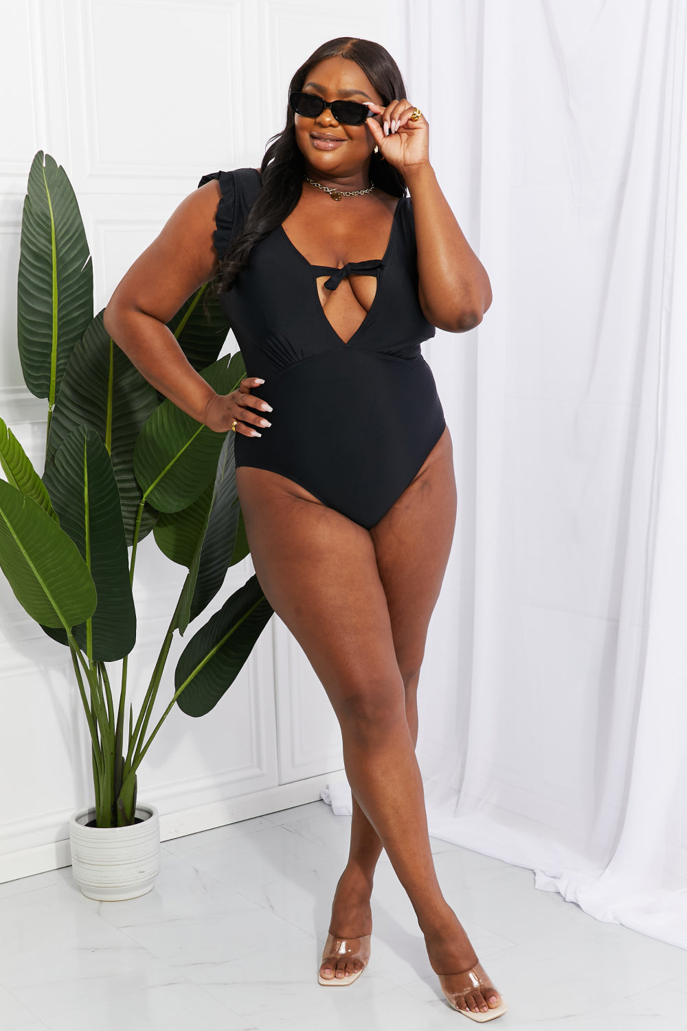 Marina West Swim Seashell Ruffle Sleeve One-Piece in Black X