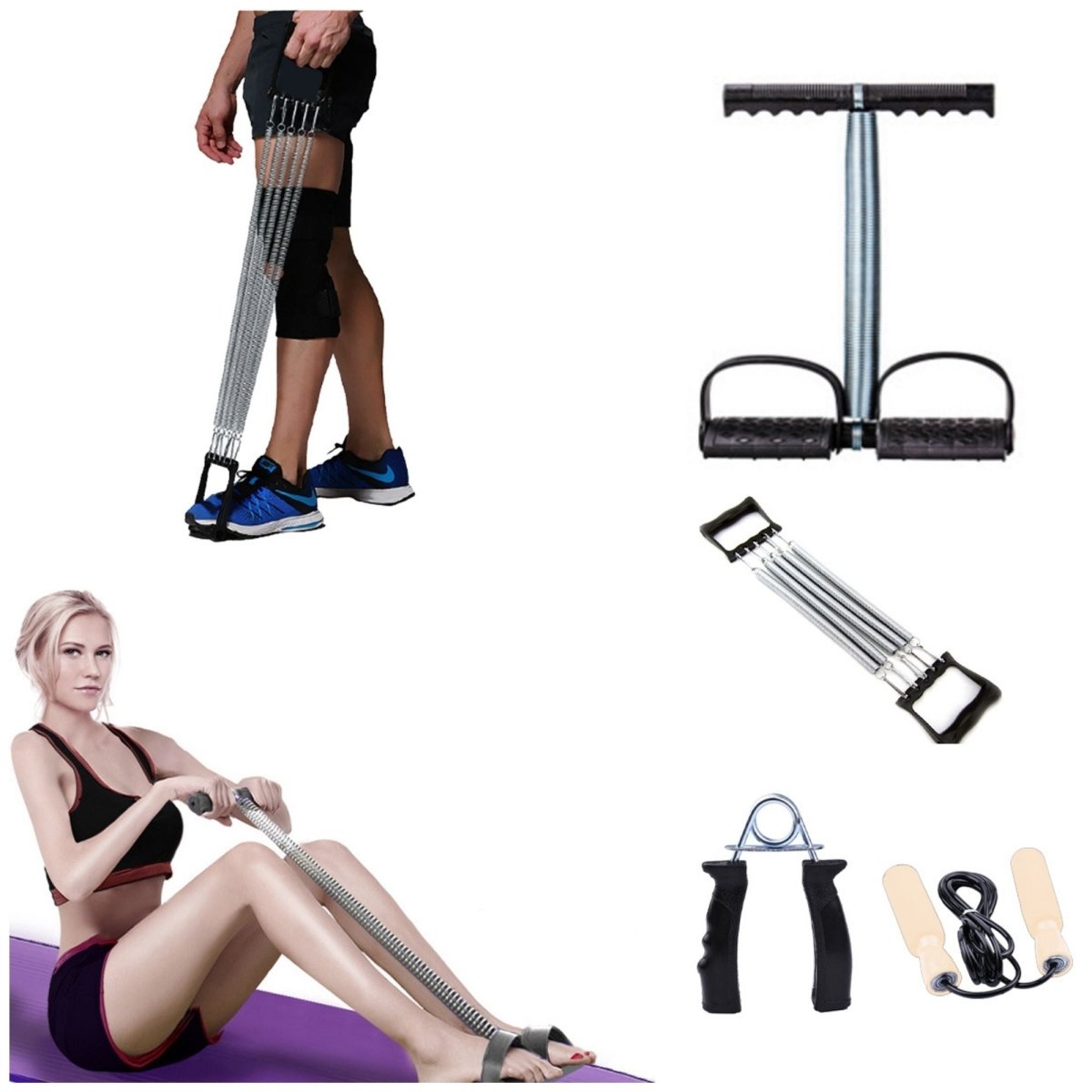 4 Piece Fitness Bundle tummy trimmer steel spring chest expander hand grip strengthener handle jump rope - Taplike