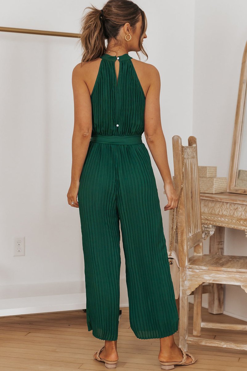 Accordion Pleated Belted Grecian Neck Sleeveless Jumpsuit - Taplike
