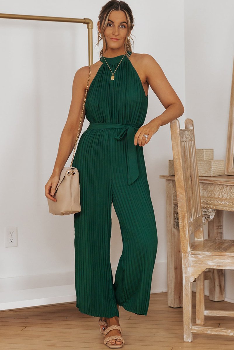 Accordion Pleated Belted Grecian Neck Sleeveless Jumpsuit - Taplike