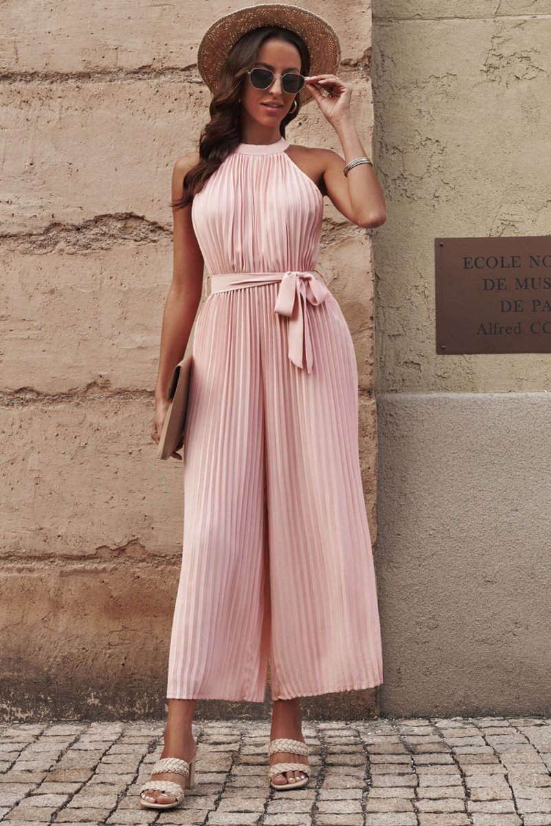 Accordion Pleated Belted Grecian Neck Sleeveless Jumpsuit - Taplike