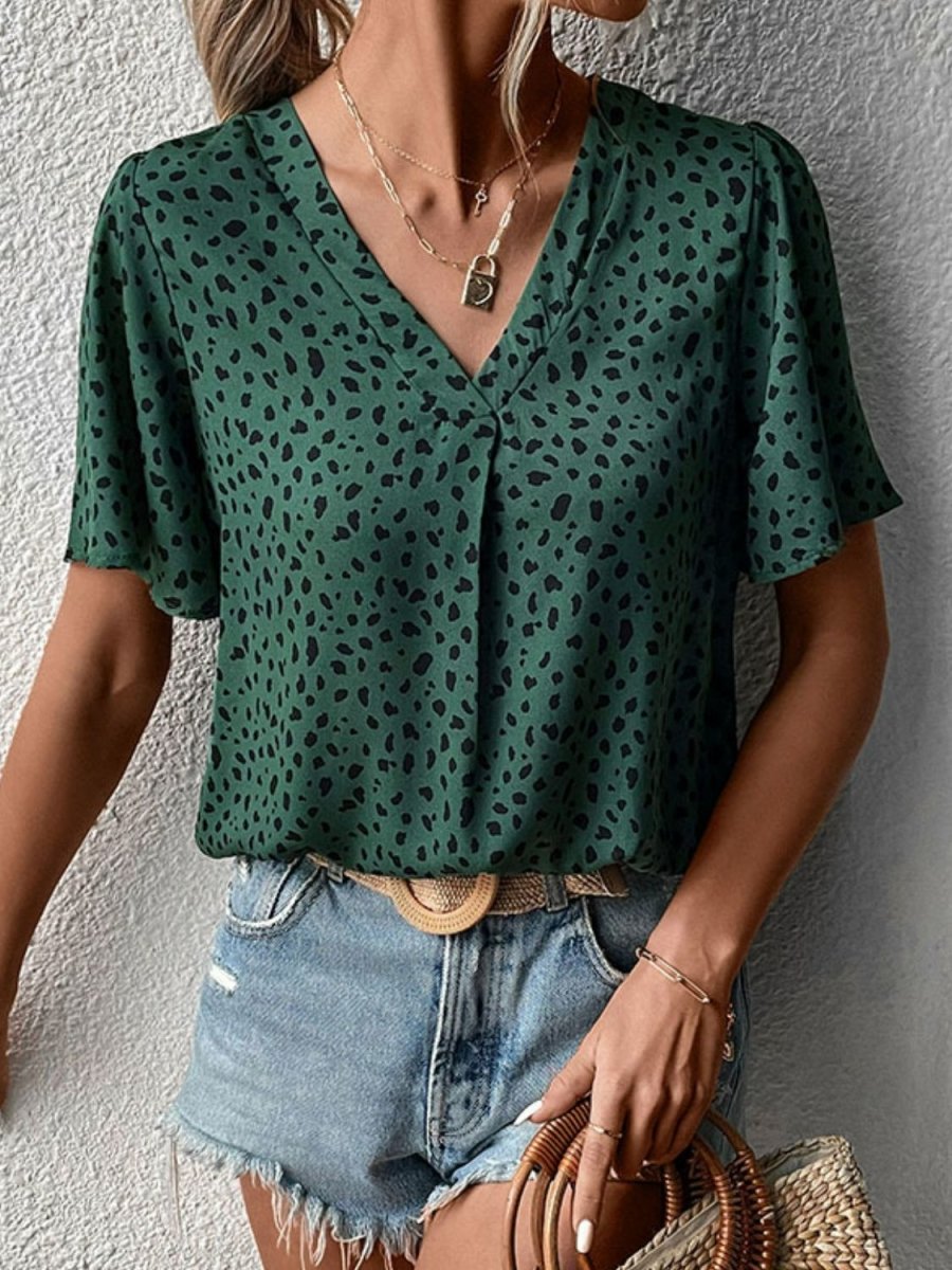 Animal Print V-Neck Flutter Sleeve Blouse X - Taplike