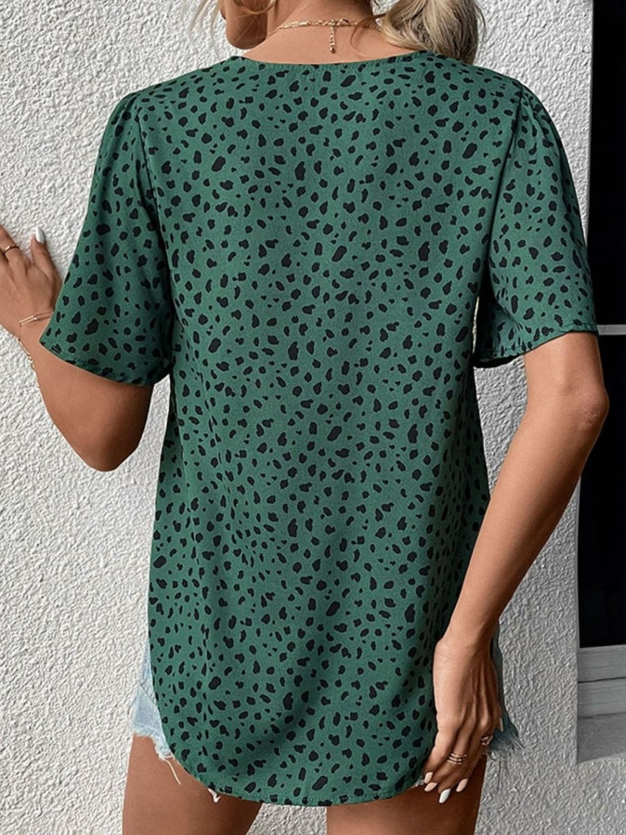 Animal Print V-Neck Flutter Sleeve Blouse X - Taplike