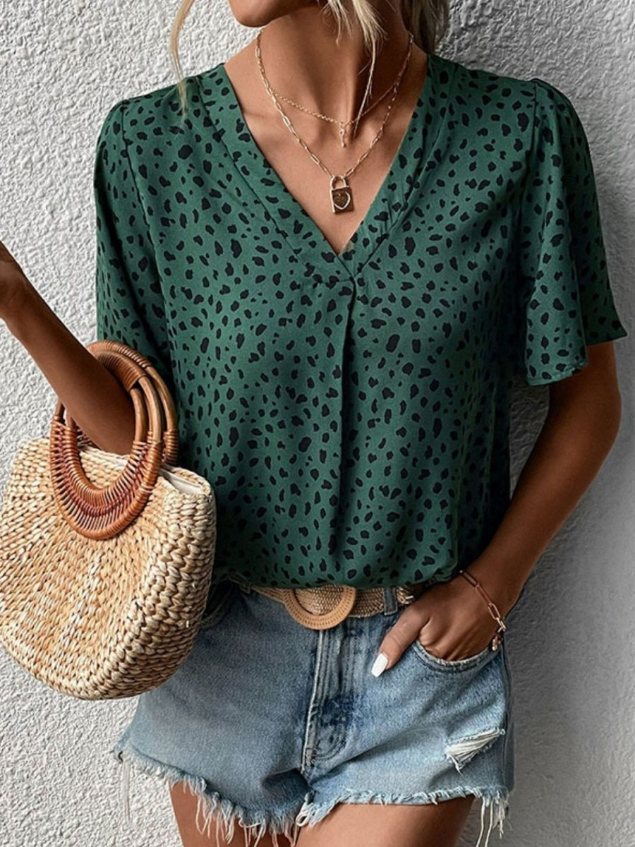 Animal Print V-Neck Flutter Sleeve Blouse X - Taplike