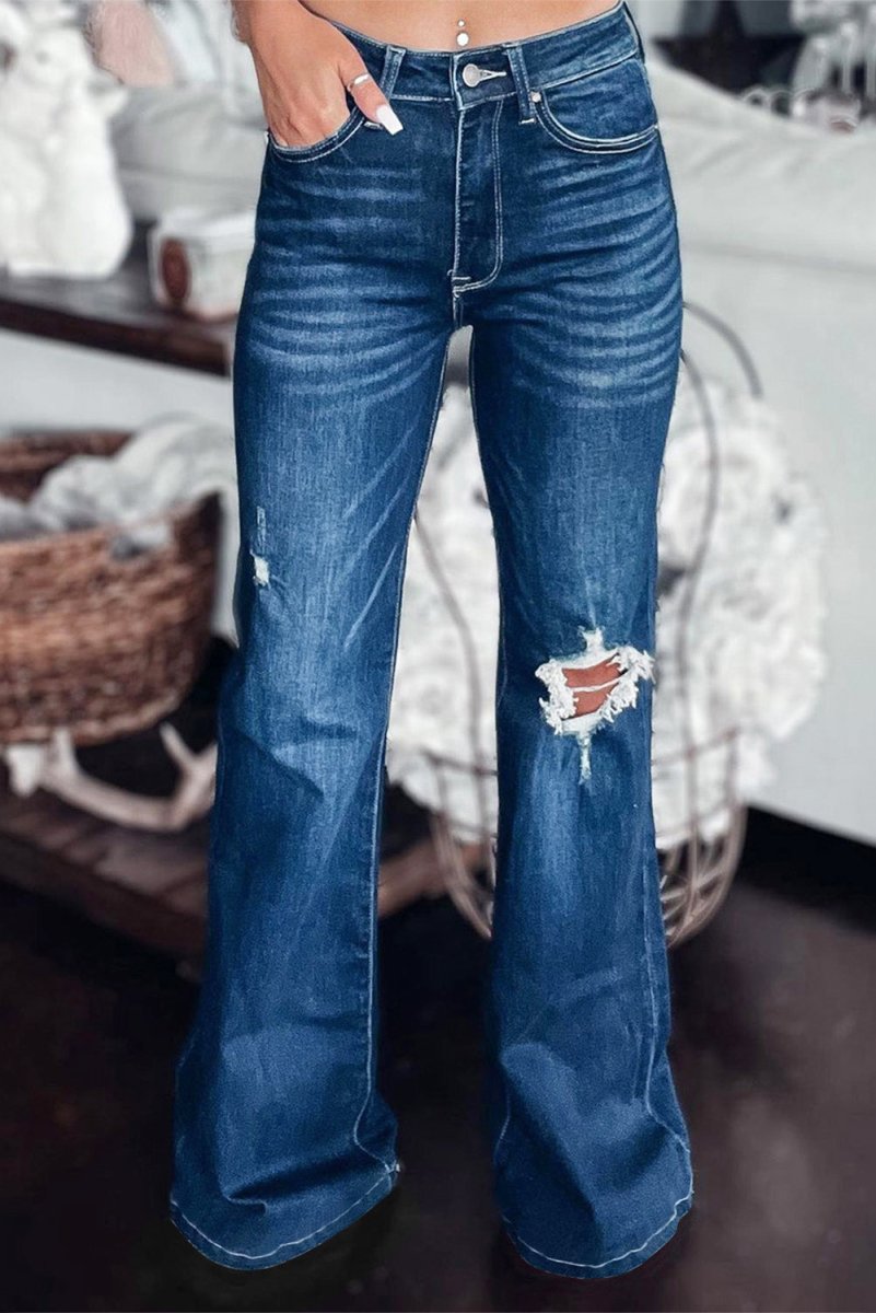 Asymmetrical Open Knee Distressed Flare Jeans 10010014985 - TapLike