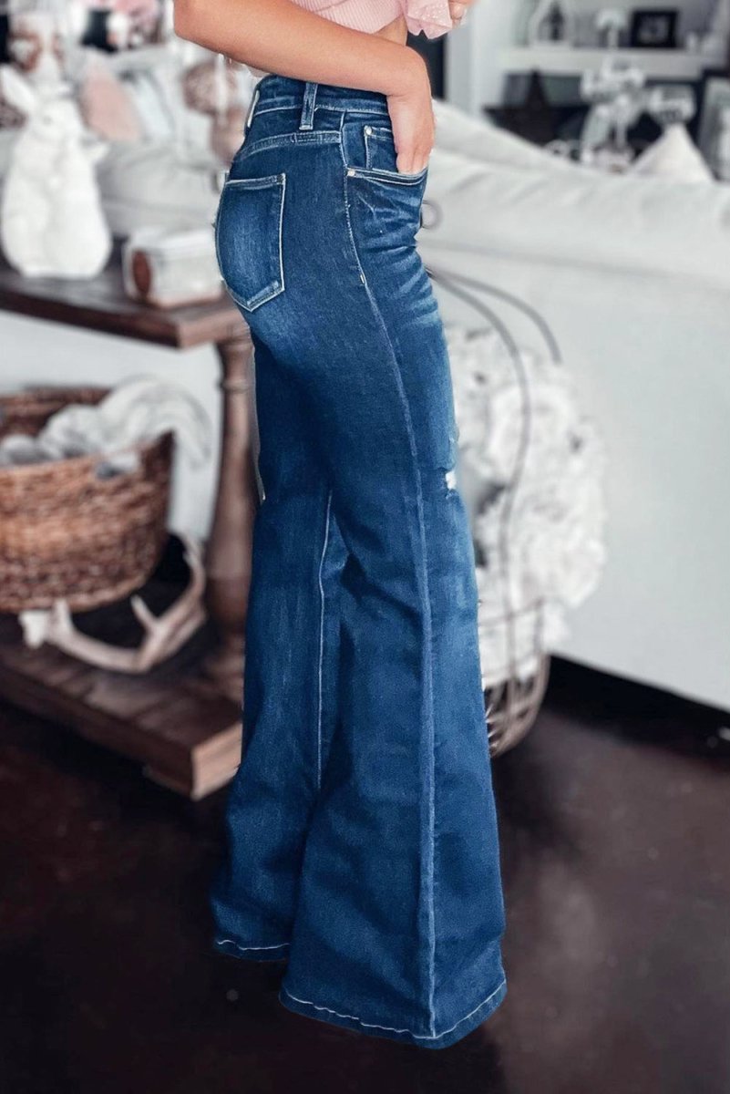 Asymmetrical Open Knee Distressed Flare Jeans 10010014985 - TapLike