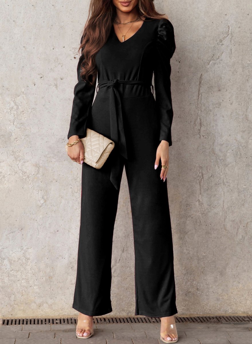 Belted Long Puff Sleeve V-Neck Jumpsuit - Taplike