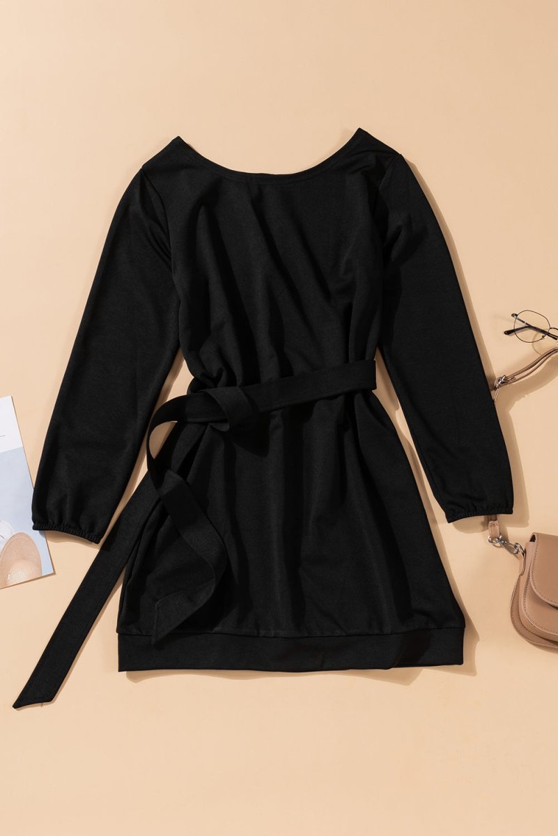 Boat Neck Belted Long Sleeve Dress - Taplike