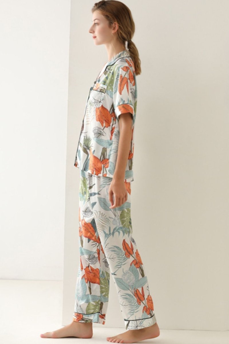 Botanical Print Button-Up Top and Pants Pajama Set - Taplike