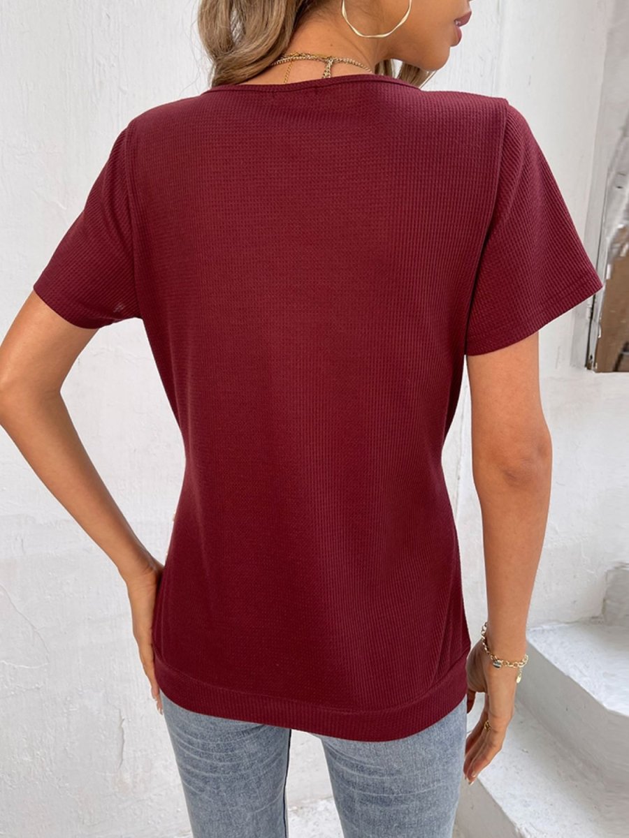 Button Detail Surplice Short Sleeve Tee - Taplike