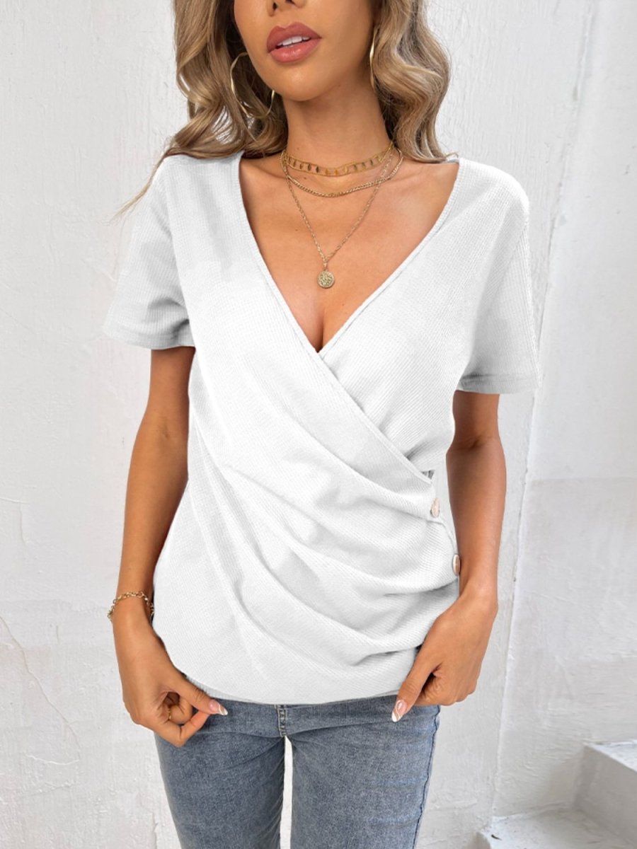 Button Detail Surplice Short Sleeve Tee - Taplike