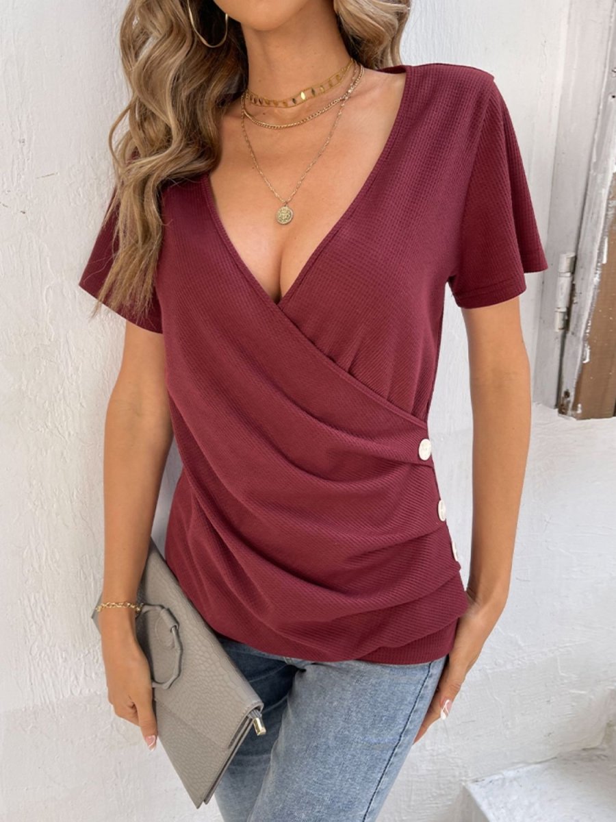 Button Detail Surplice Short Sleeve Tee - Taplike