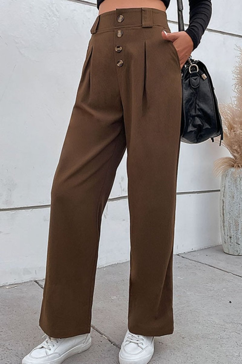 Button-Fly Pleated Waist Wide Leg Pants with Pockets - Taplike
