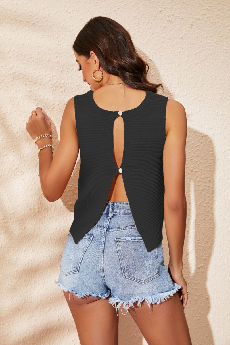 Buttoned Cutout Ribbed Trim Knit Tank | 10010081610 - Taplike