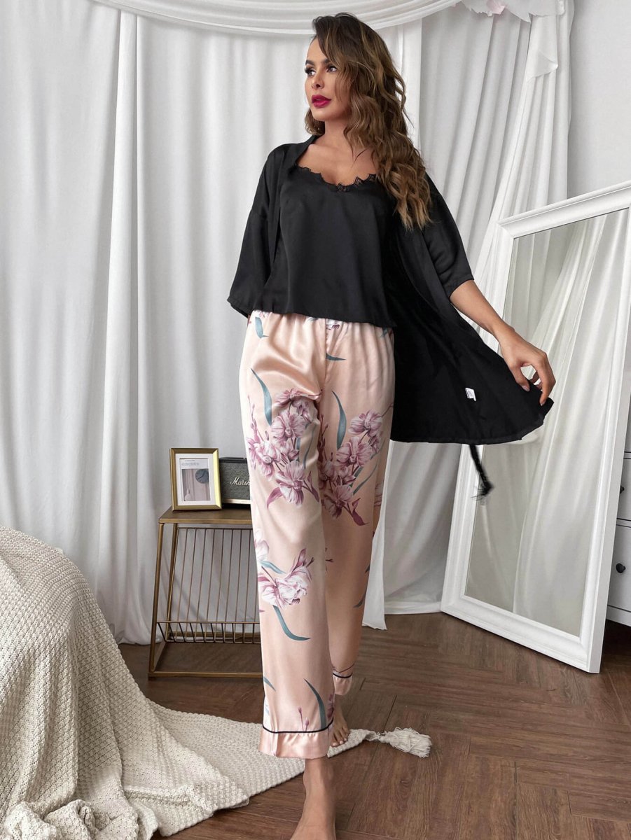 Cami, Robe, and Printed Pants Pajama Set - Taplike