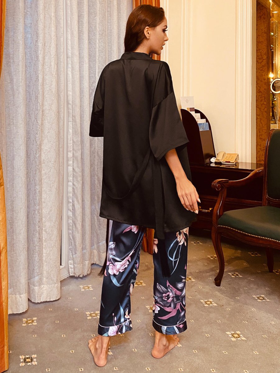 Cami, Robe, and Printed Pants Pajama Set - Taplike