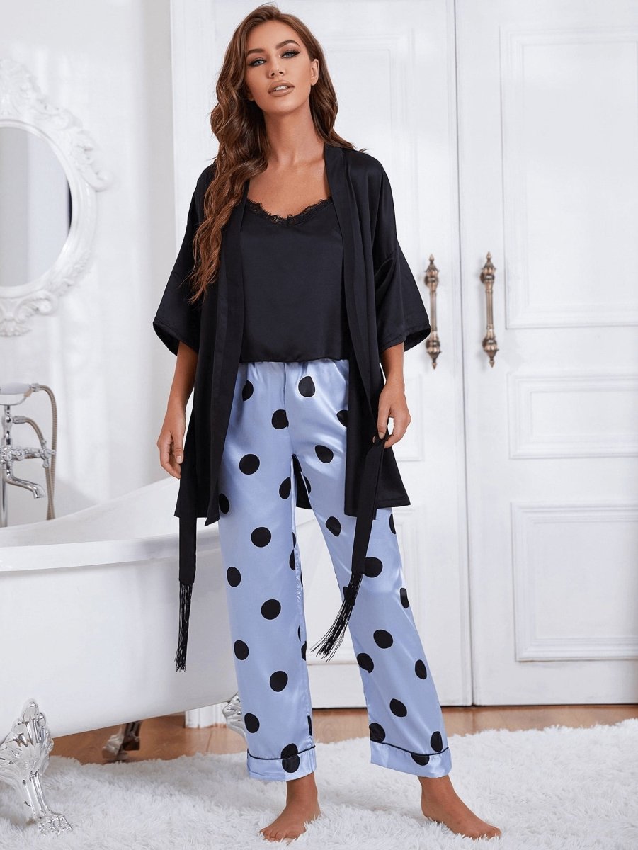 Cami, Robe, and Printed Pants Pajama Set - Taplike