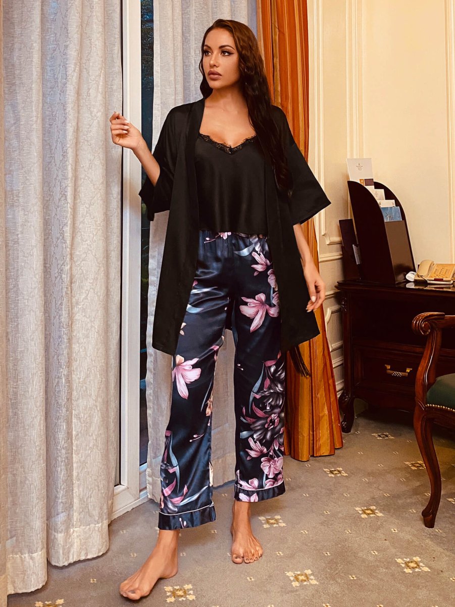 Cami, Robe, and Printed Pants Pajama Set - Taplike