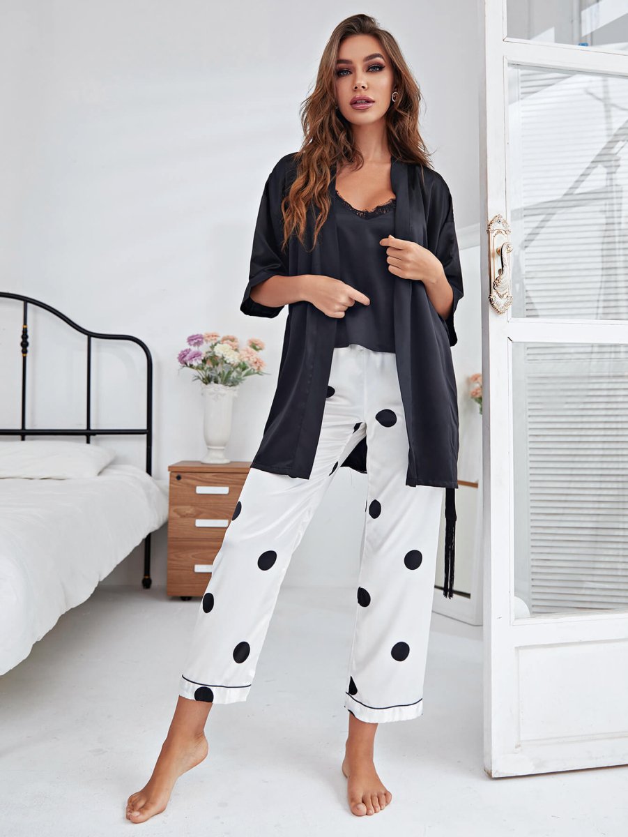 Cami, Robe, and Printed Pants Pajama Set - Taplike