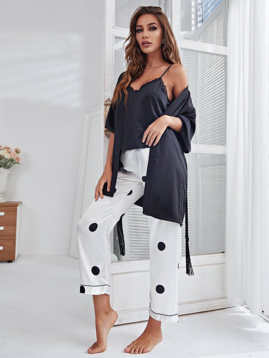 Cami, Robe, and Printed Pants Pajama Set - Taplike