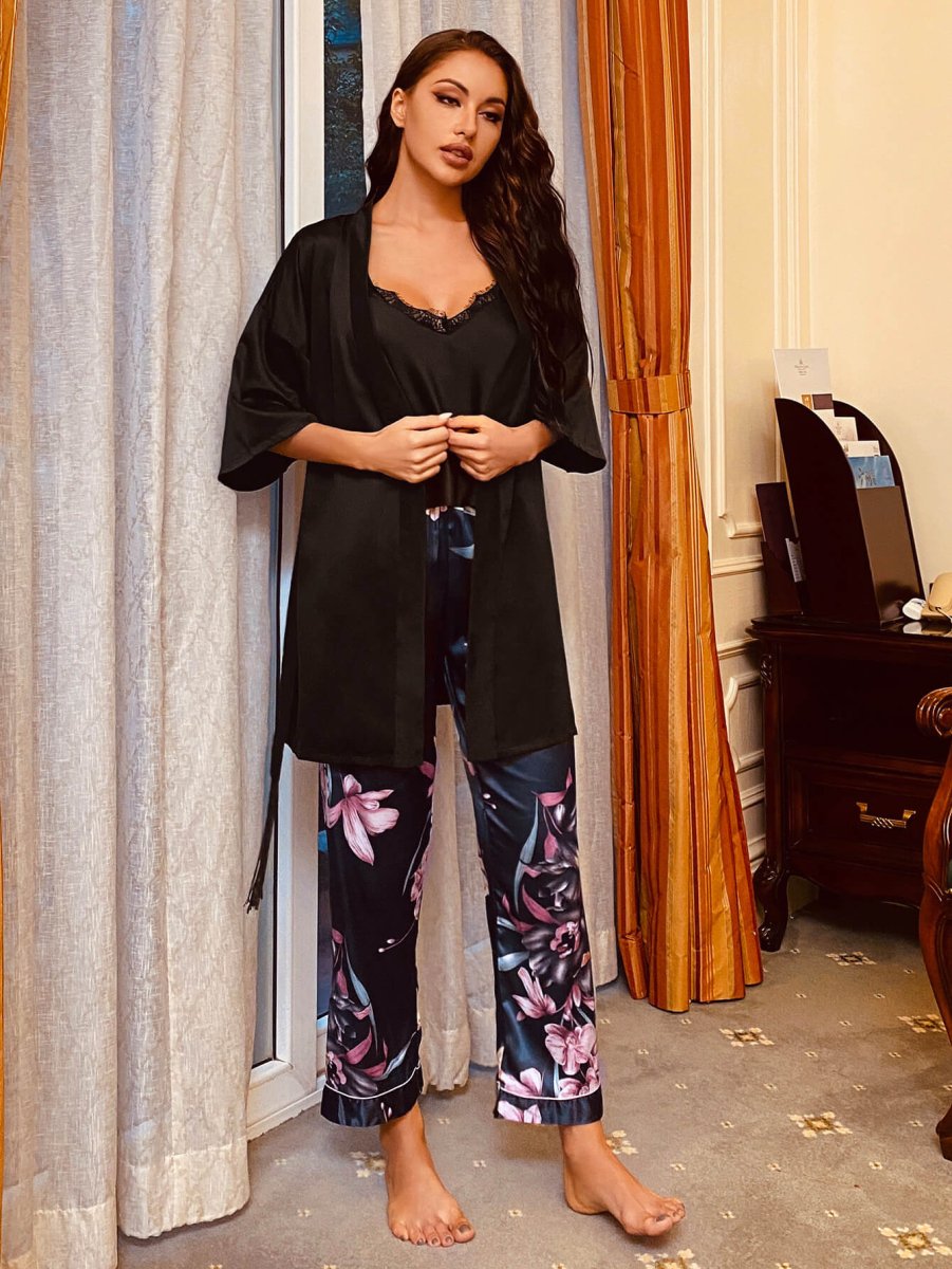Cami, Robe, and Printed Pants Pajama Set - Taplike
