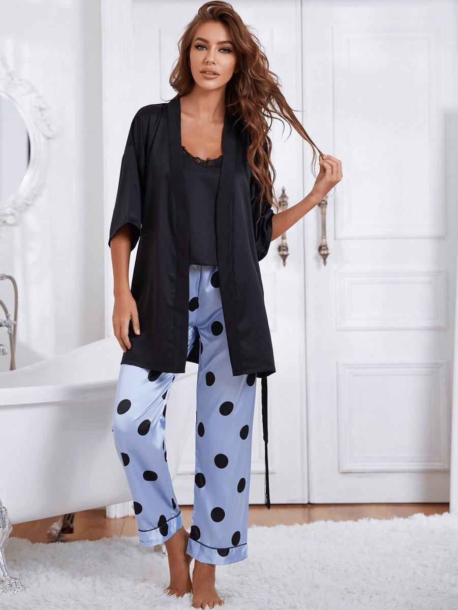 Cami, Robe, and Printed Pants Pajama Set - Taplike