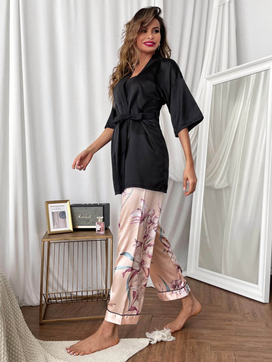 Cami, Robe, and Printed Pants Pajama Set - Taplike