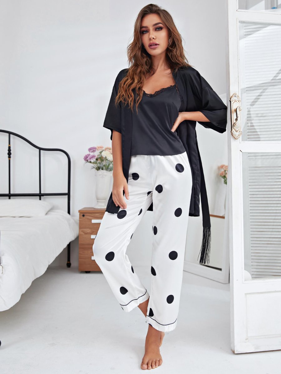 Cami, Robe, and Printed Pants Pajama Set - Taplike