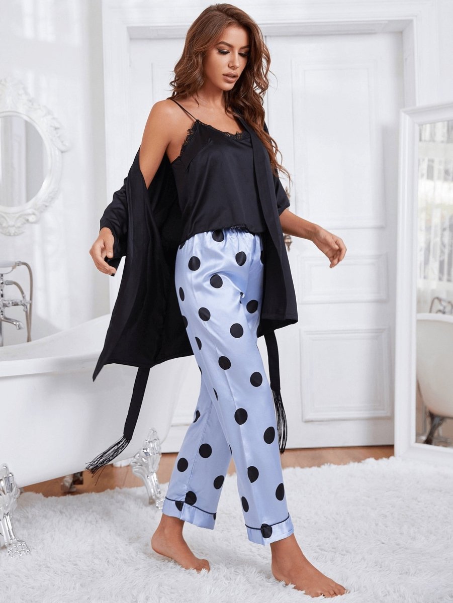 Cami, Robe, and Printed Pants Pajama Set - Taplike