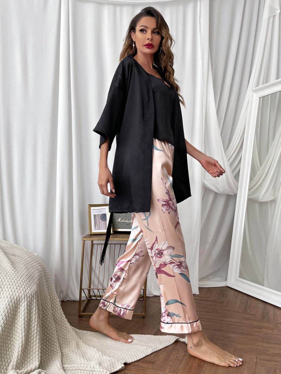Cami, Robe, and Printed Pants Pajama Set - Taplike
