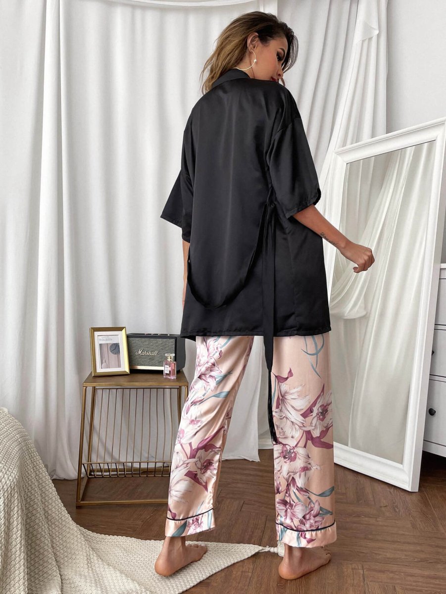 Cami, Robe, and Printed Pants Pajama Set - Taplike