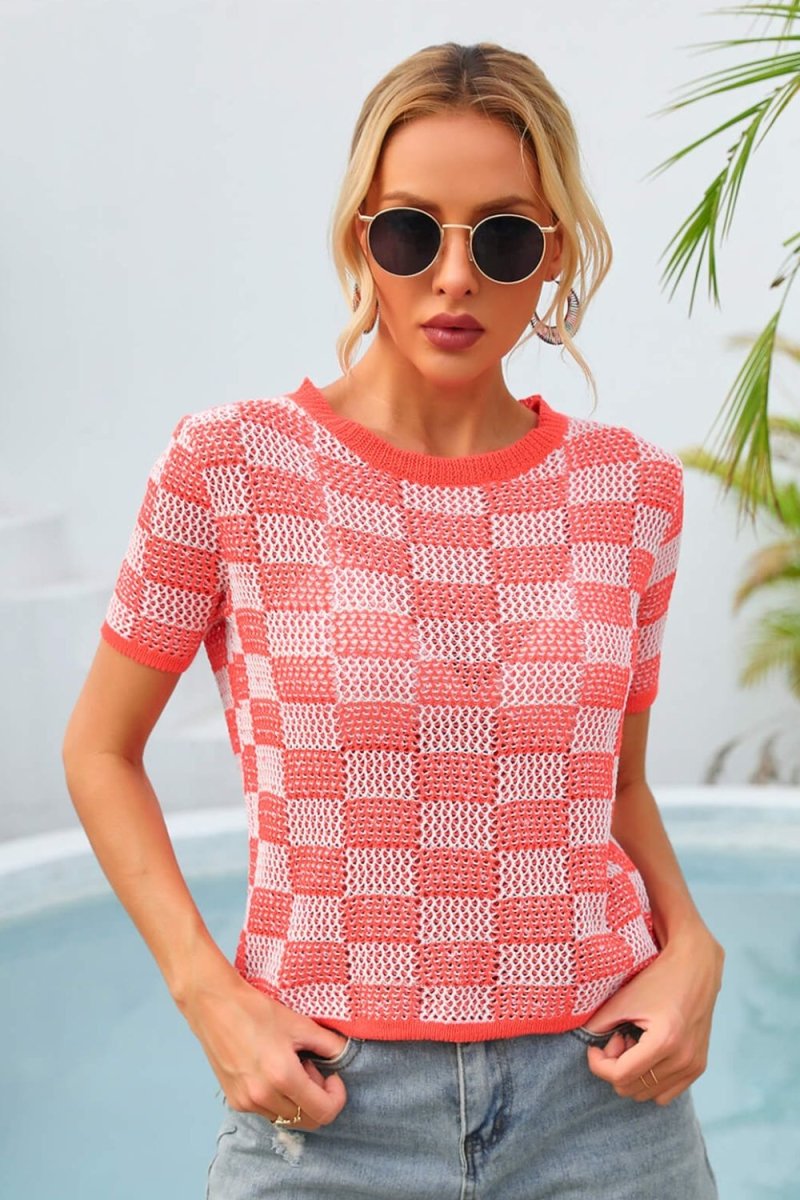 Checkered Short Sleeve Knit Top X - Taplike