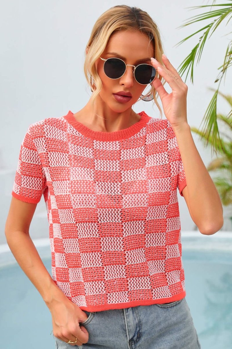 Checkered Short Sleeve Knit Top X - Taplike