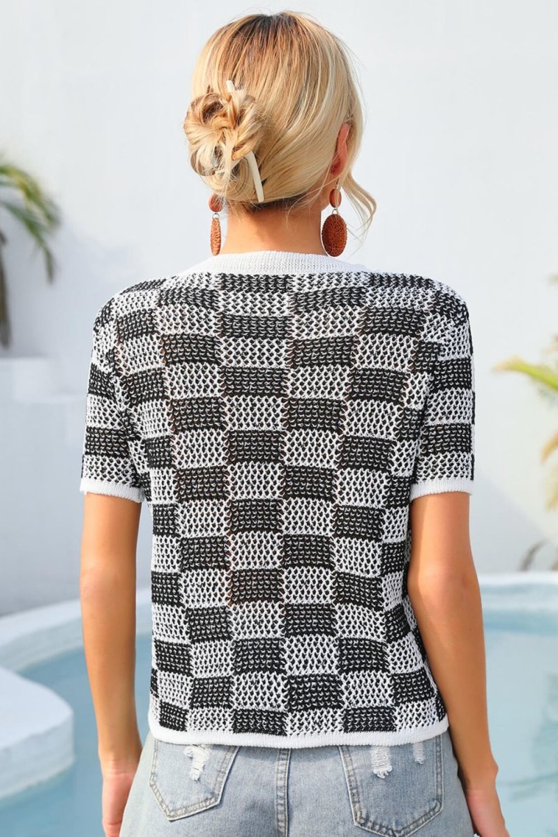 Checkered Short Sleeve Knit Top X - Taplike