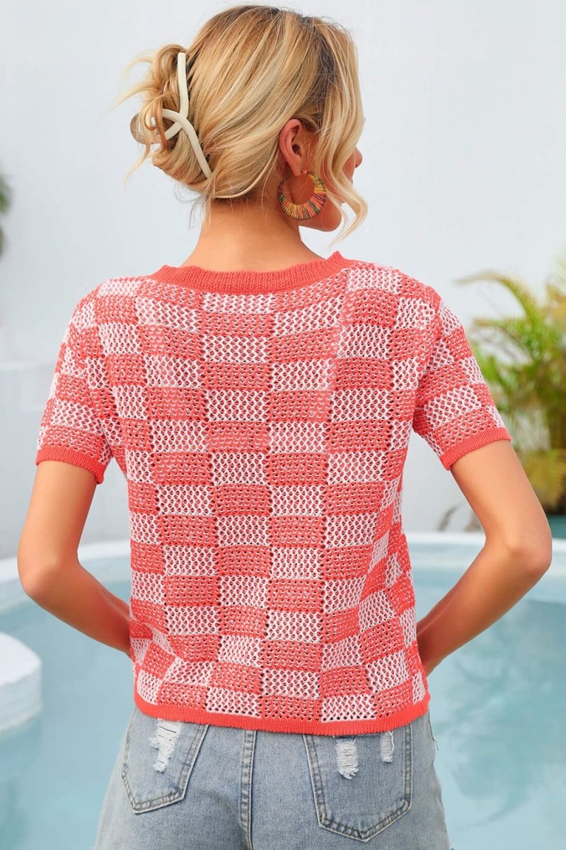 Checkered Short Sleeve Knit Top X - Taplike