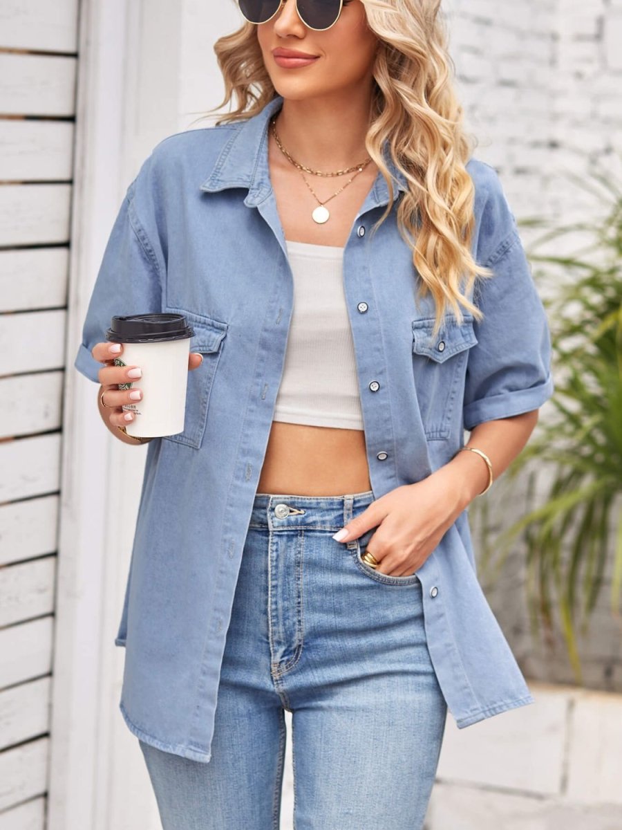 Collared Neck Short Sleeve Denim Jacket - Taplike
