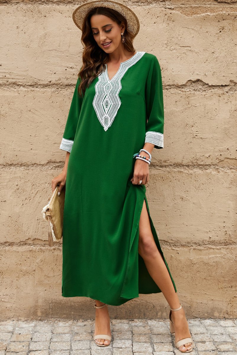 Contrast Lace Trim Three-Quarter Sleeve Split Dress - TapLike