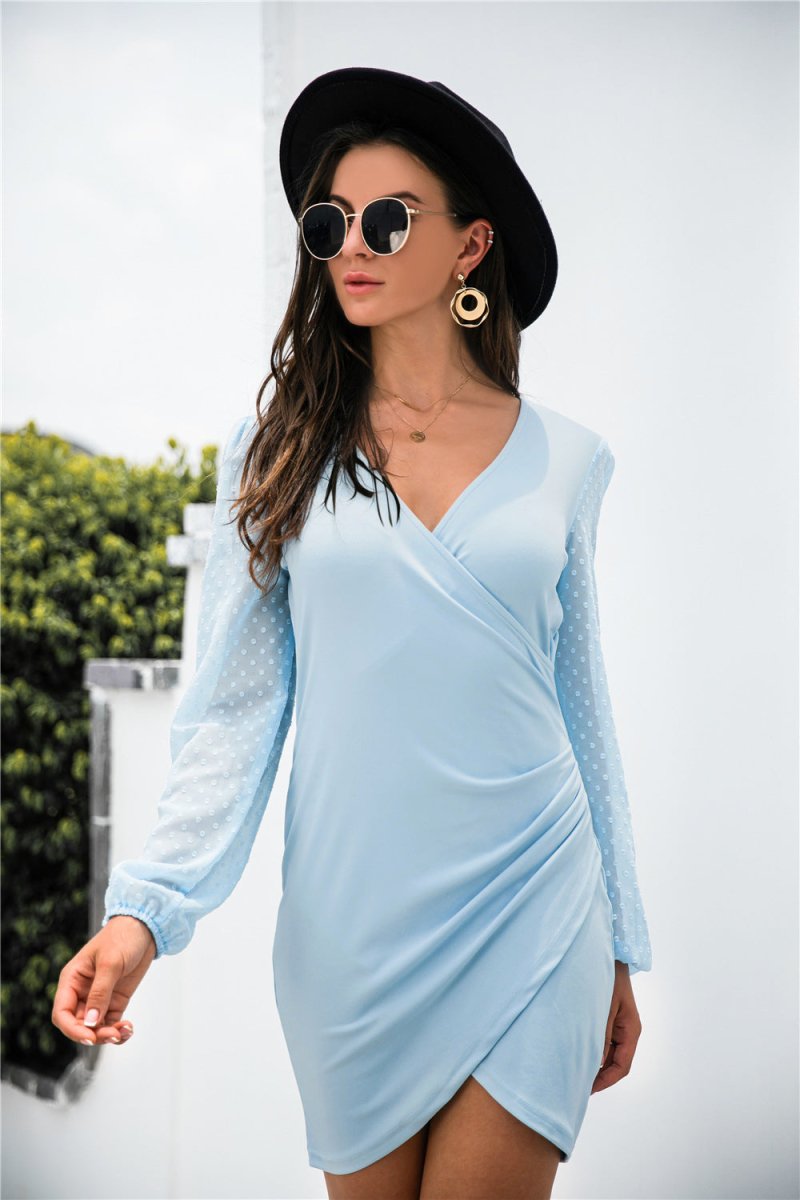 Contrast Mesh Sleeve Wrap Front Dress - Taplike