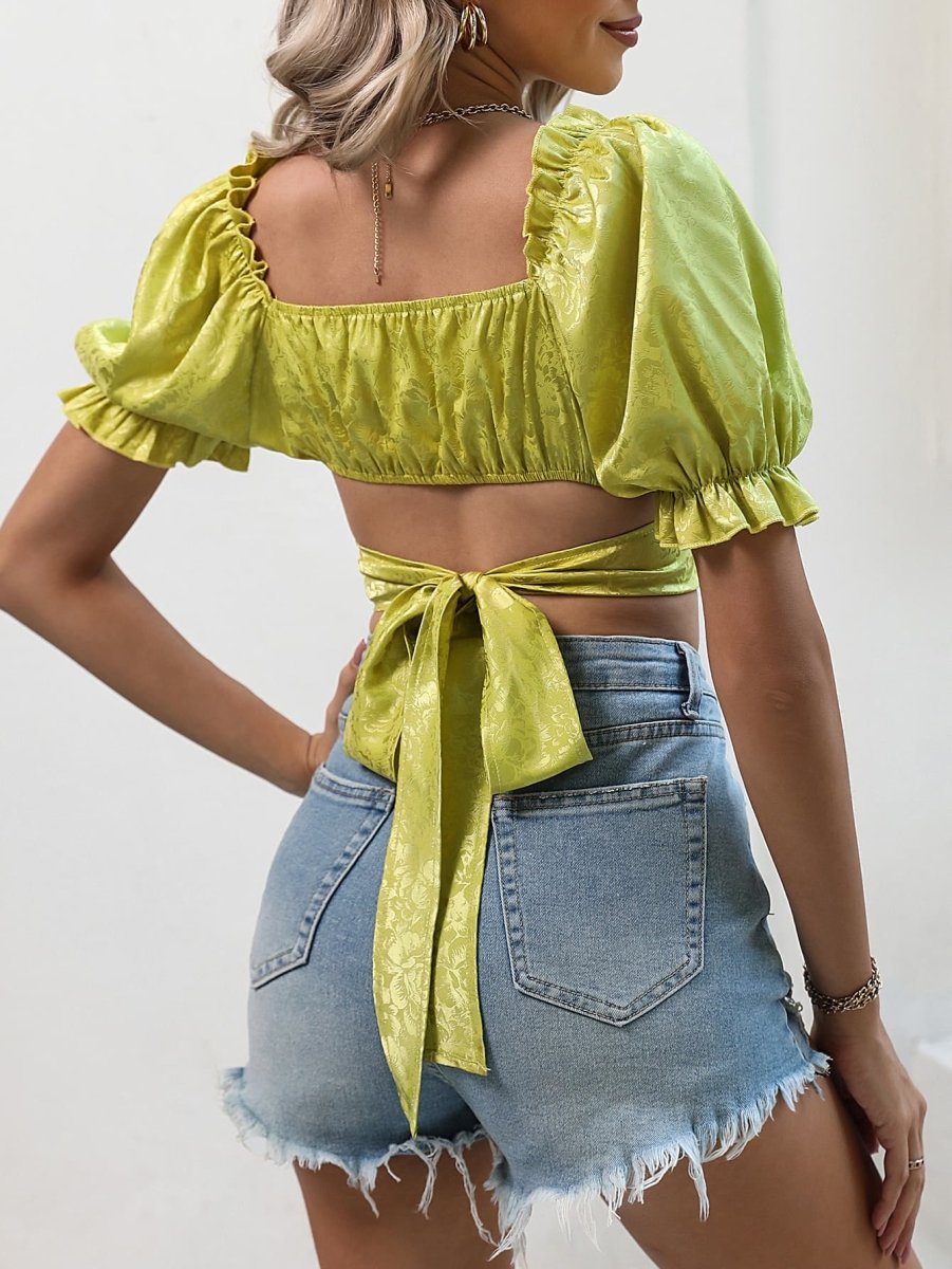 Crisscross Tie Back Flounce Sleeve Cropped Blouse - TapLike