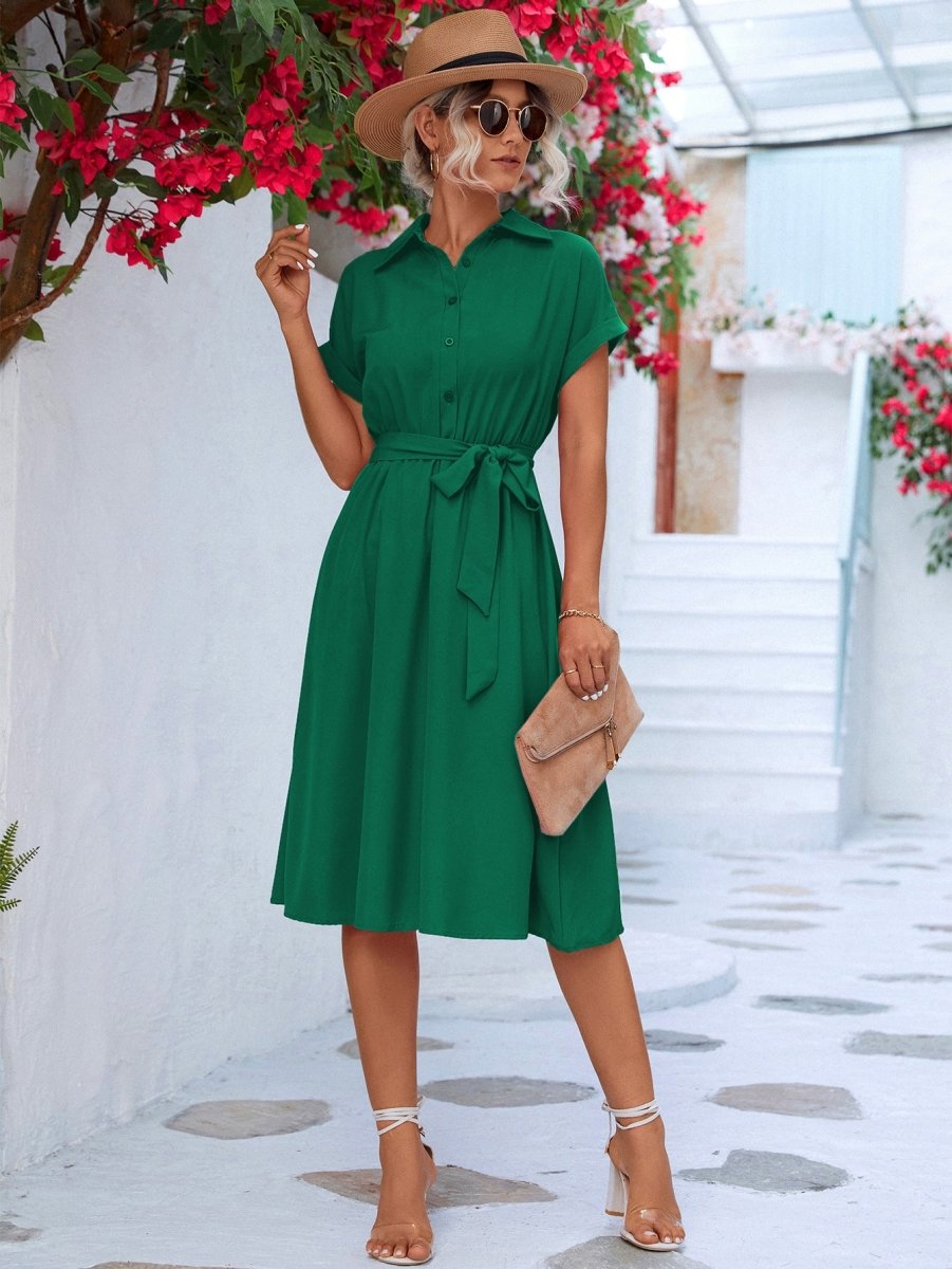 Cuffed Short Sleeve Belted Shirt Dress | 10010079638 - Taplike